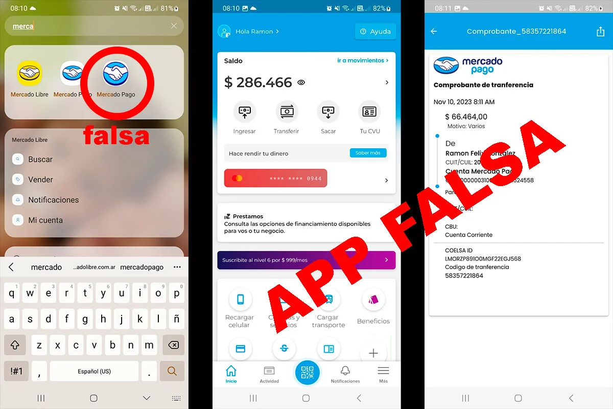 Alerta por una nueva modalidad de estafa con una app trucha de Mercado Pago